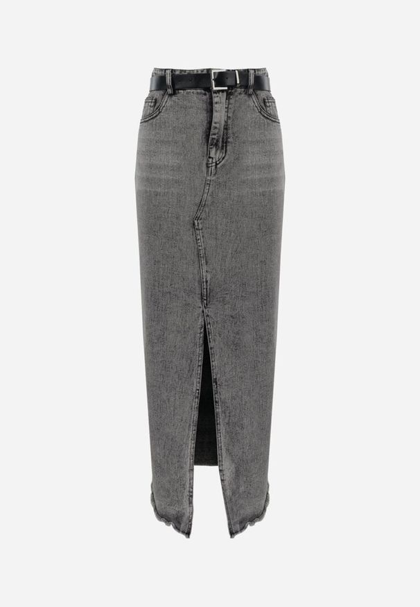 Born2be - Szara Jeansowa Spódnica Maxi z Paskiem Goergen. Stan: podwyższony. Kolor: szary. Materiał: jeans. Wzór: aplikacja