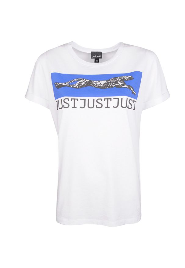 Roberto Cavalli - Just Cavalli T-shirt | S02GC0342 N20663 | Kobieta | Biały. Okazja: na co dzień. Kolor: biały. Materiał: bawełna. Długość rękawa: krótki rękaw. Długość: krótkie. Wzór: nadruk. Styl: casual