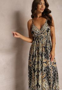 Renee - Czarno-Beżowa Rozkloszowana Sukienka z Wiskozy na Regulowanych Ramiączkach w Stylu Boho Yalfea. Okazja: na spacer. Typ kołnierza: dekolt w serek. Kolor: czarny. Materiał: wiskoza. Długość rękawa: na ramiączkach. Sezon: lato. Typ sukienki: rozkloszowane. Styl: boho #4