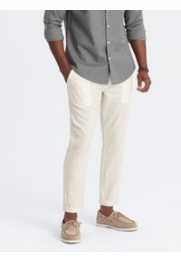 Ombre Clothing - Podwijane męskie spodnie chino z dodatkiem lnu – kremowe V2 OM-PACP-0198 - XL. Okazja: na co dzień. Kolor: kremowy. Materiał: len. Sezon: lato. Styl: casual #10