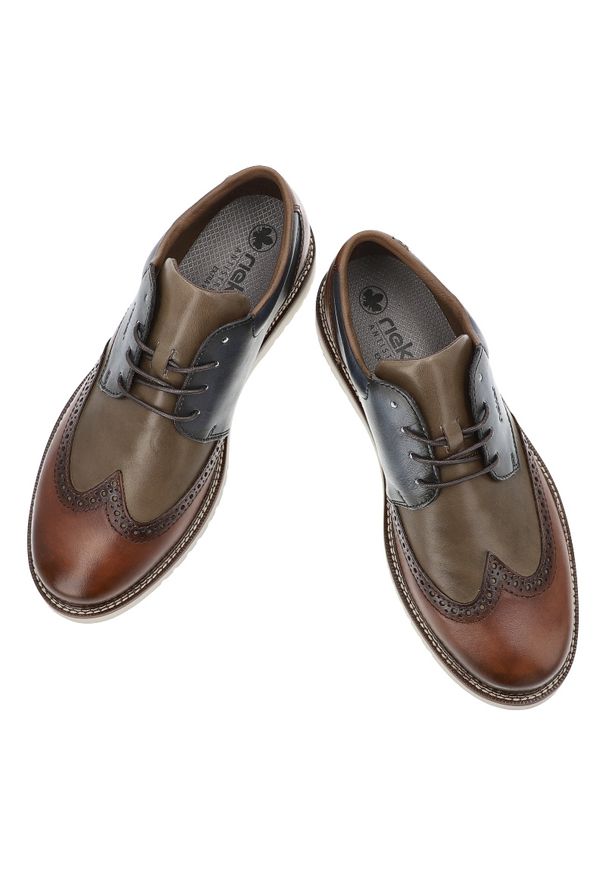 Multikolor Półbuty Rieker Stylowe Obuwie Męskie. Okazja: na co dzień. Zapięcie: sznurówki. Kolor: brązowy. Materiał: skóra, jeans, materiał. Wzór: ażurowy, aplikacja. Styl: elegancki