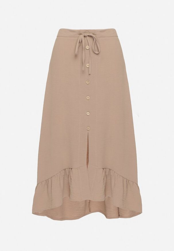 Born2be - Ciemnobeżowa Asymetryczna Spódnica z Falbanami i Ozdobnymi Guzikami Marolana. Okazja: na co dzień. Kolor: beżowy. Wzór: gładki. Styl: casual, elegancki