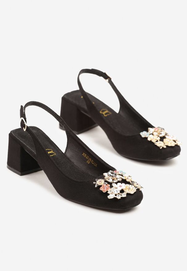 Renee - Czarne Sandały Vices na Słupku Slingback ze Skórzaną Wkładką i Cyrkoniami Nimirune. Okazja: na co dzień. Zapięcie: sprzączka. Kolor: czarny. Materiał: skóra. Wzór: aplikacja. Obcas: na słupku. Styl: casual. Wysokość obcasa: średni