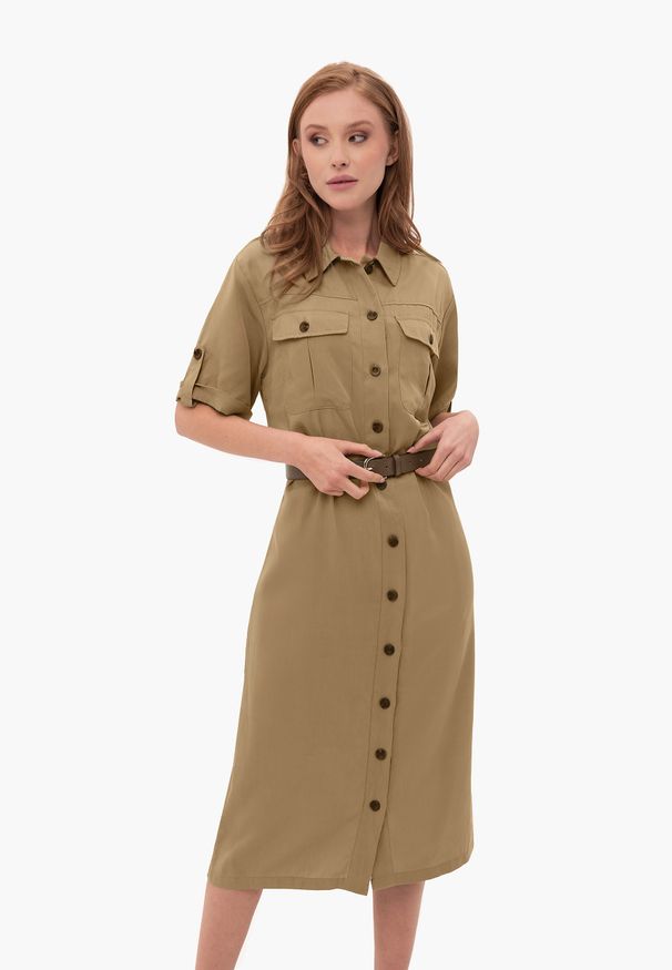 Volcano - Sukienka koszulowa safari G-HANA. Okazja: na co dzień. Typ kołnierza: kolnierz wykładany. Materiał: materiał, lyocell. Długość rękawa: krótki rękaw. Sezon: wiosna, lato. Typ sukienki: koszulowe. Styl: klasyczny, casual, elegancki