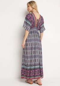 Born2be - Fioletowa Boho Sukienka z Szerokimi Rękawami z Gumką w Pasie i Wiązaniem na Plecach Piomina. Typ kołnierza: dekolt w kształcie V, choker. Kolor: fioletowy. Wzór: aplikacja. Styl: boho #7