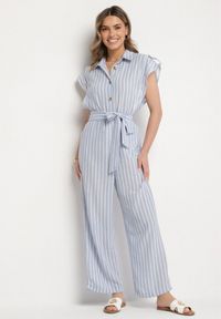 Born2be - Niebieski Bawełniany Kombinezon o Koszulowym Kroju z Wiązanym Paskiem Amerlia. Okazja: na co dzień. Kolor: niebieski. Materiał: bawełna. Styl: klasyczny, casual #6