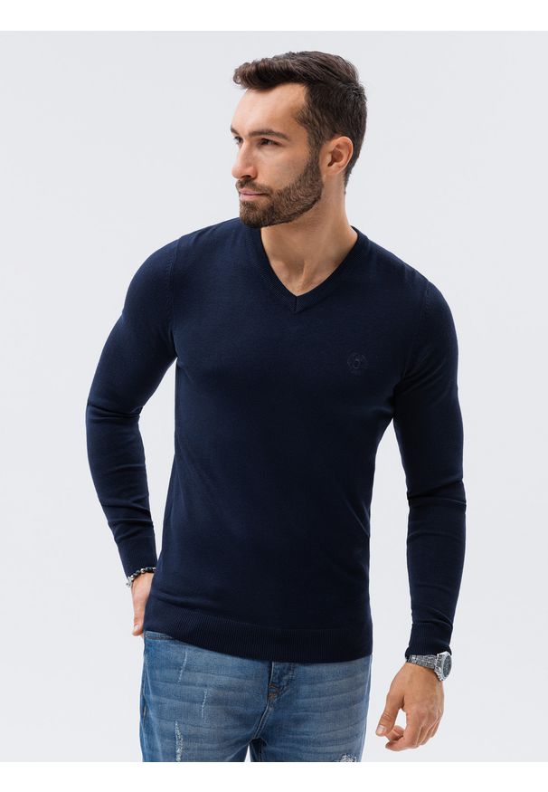 Ombre Clothing - Sweter męski z haftem - granatowy V22 E191 - XXL. Kolor: niebieski. Materiał: wiskoza, materiał, nylon, dzianina. Wzór: haft. Styl: klasyczny, elegancki