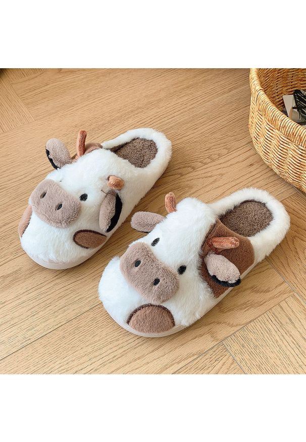 Intica - Klapki domowe w kształcie krowy z miękkiego materiału Gonnie. Okazja: do domu. Kolor: biały. Materiał: materiał. Styl: casual