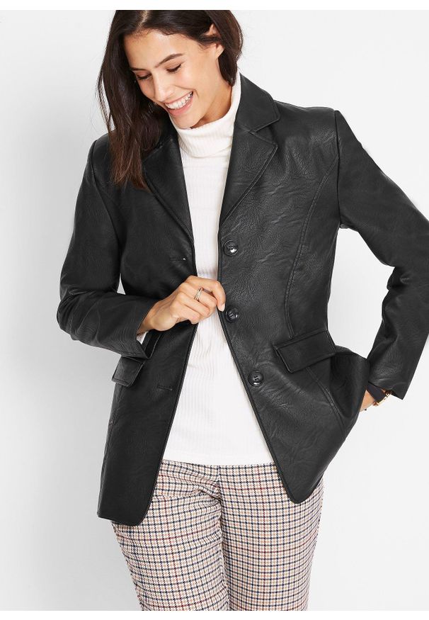 bonprix - Długi żakiet z imitacji skóry. Kolor: czarny. Materiał: skóra. Długość: długie