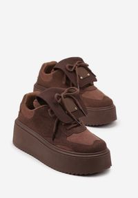 Born2be - Brązowe Sneakersy na Grubej Podeszwie z Wywiniętym Językiem i Kokardą Ellisare. Okazja: na co dzień. Kolor: brązowy. Materiał: jeans #3