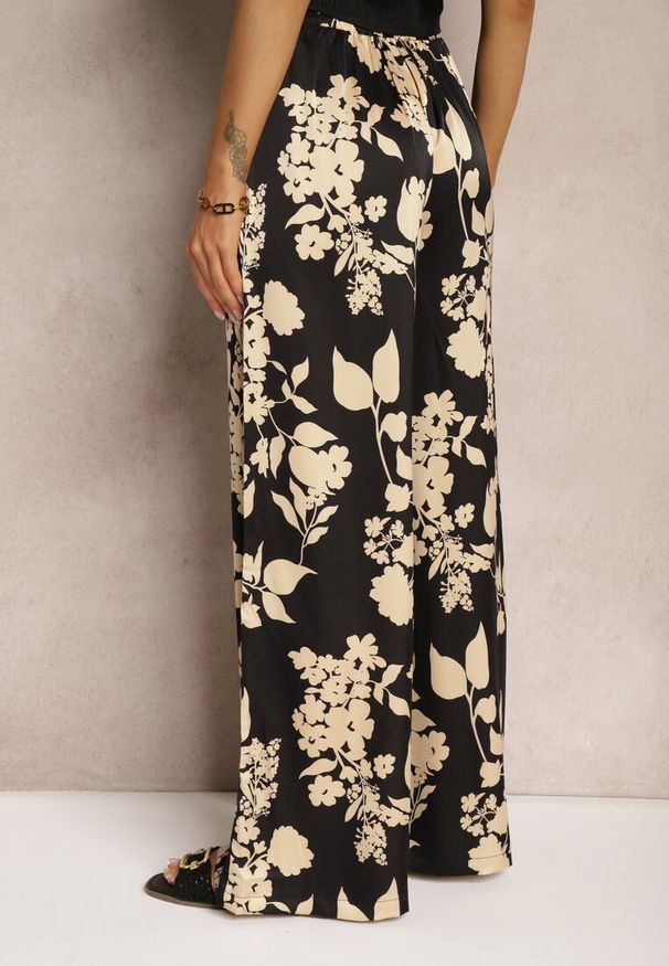 Renee - Czarno-Beżowe Szerokie Spodnie Palazzo z Gumką w Talii i High Waist Dimianna. Okazja: na co dzień. Stan: podwyższony. Kolor: czarny. Sezon: lato. Styl: casual, elegancki