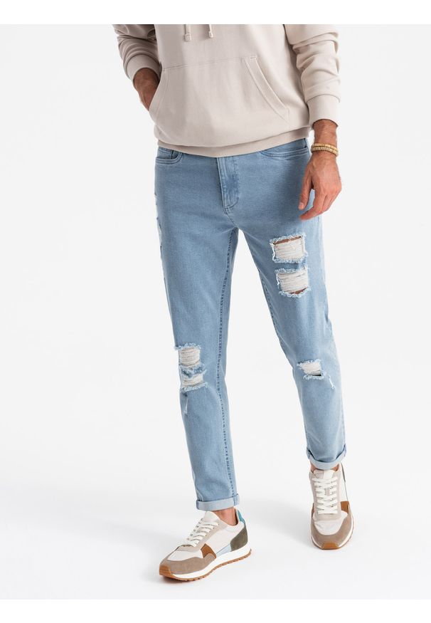 Ombre Clothing - Washowane męskie jeansowe spodnie TAPERED FIT z przetarciami – błękitne V1 OM-PADP-0163 - XXL. Kolor: niebieski. Materiał: jeans. Styl: rockowy