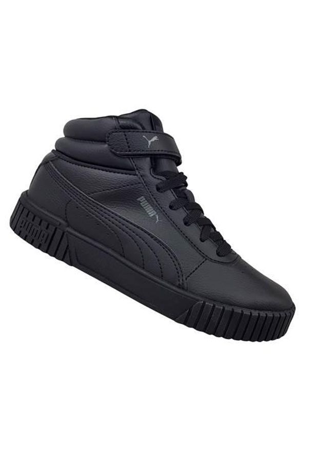Buty do chodzenia dla dzieci Puma Carina 20 Mid PS. Wysokość cholewki: za kostkę. Zapięcie: rzepy. Kolor: czarny. Materiał: materiał, syntetyk, guma. Szerokość cholewki: normalna. Sport: turystyka piesza