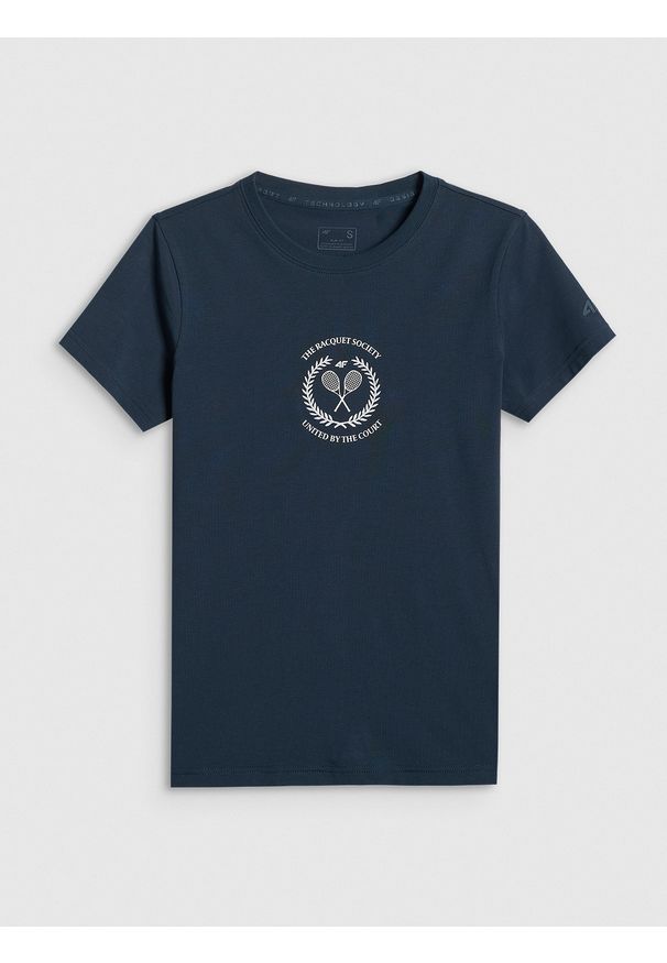 4f - 4F T-shirt slim z nadrukiem damski - granatowy S. Okazja: na spacer, na co dzień. Kolor: niebieski. Materiał: bawełna, jeans, materiał. Wzór: nadruk. Styl: casual