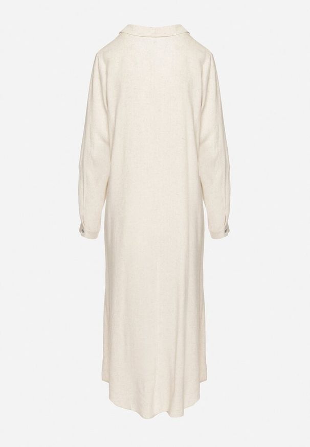 Born2be - Beżowa Koszulowa Sukienka z Lnem i Wiskozą z Regulowanymi Rękawami Melvezia. Okazja: na co dzień. Kolor: beżowy. Materiał: wiskoza, len. Typ sukienki: koszulowe. Styl: casual