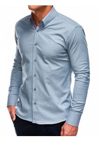 Ombre Clothing - Koszula męska z długim rękawem - niebieska K487 - M. Typ kołnierza: kołnierzyk klasyczny. Kolor: niebieski. Materiał: bawełna, tkanina, elastan. Długość rękawa: długi rękaw. Długość: długie. Wzór: melanż, ze splotem. Styl: klasyczny #1