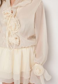 Born2be - Beżowa Rozkloszowana Sukienka Tiulowa z Falbanami i Kwiatowymi Broszkami Miranisea. Okazja: na co dzień. Kolor: beżowy. Materiał: tiul. Wzór: kwiaty. Typ sukienki: rozkloszowane. Styl: casual, klasyczny, elegancki #6