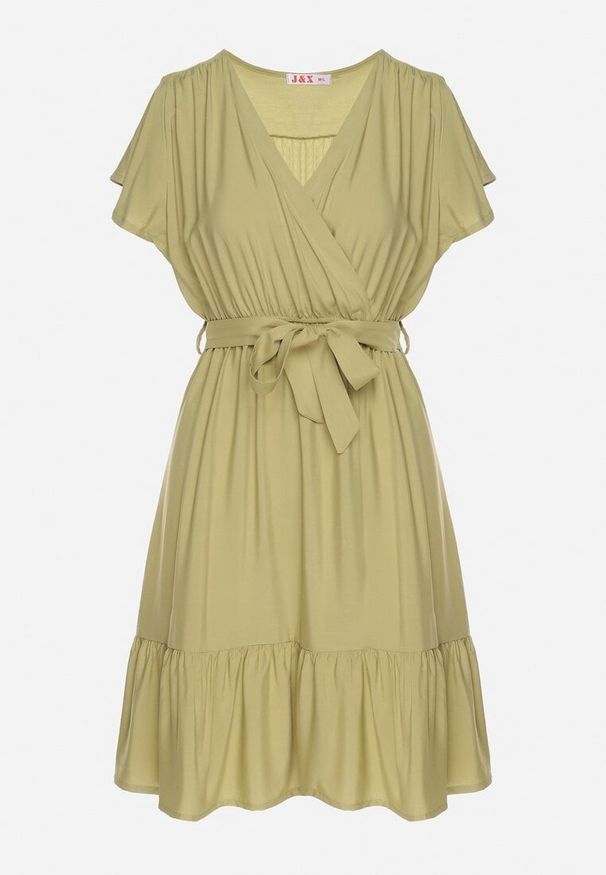 Born2be - Zielona Wiskozowa Sukienka z Kopertowym Dekoltem i Paskiem Aurenelle. Okazja: na co dzień. Typ kołnierza: dekolt kopertowy. Kolor: zielony. Materiał: wiskoza. Długość rękawa: krótki rękaw. Sezon: wiosna, lato. Typ sukienki: kopertowe. Styl: casual