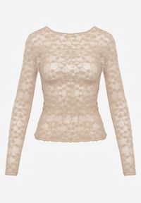Born2be - Beżowa Bluzka Koronkowa z Transparentnego Materiału Hermatea. Okazja: na co dzień. Kolor: beżowy. Materiał: materiał, koronka. Styl: casual, elegancki, klasyczny #4