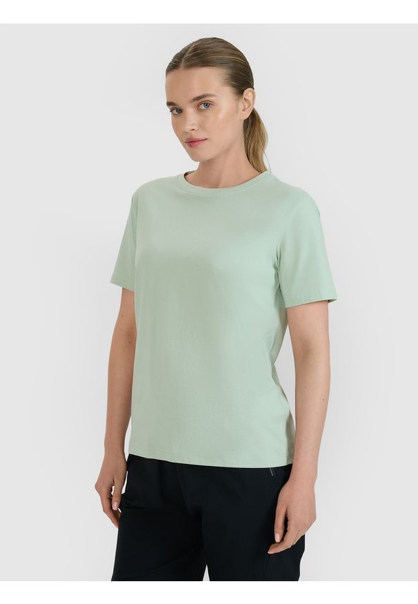 4f - 4F T-shirt oversize z nadrukiem damski - turkusowy XL. Okazja: na co dzień. Kolor: turkusowy. Materiał: dzianina, bawełna, jersey. Długość rękawa: krótki rękaw. Długość: krótkie. Wzór: nadruk. Styl: klasyczny, sportowy, casual