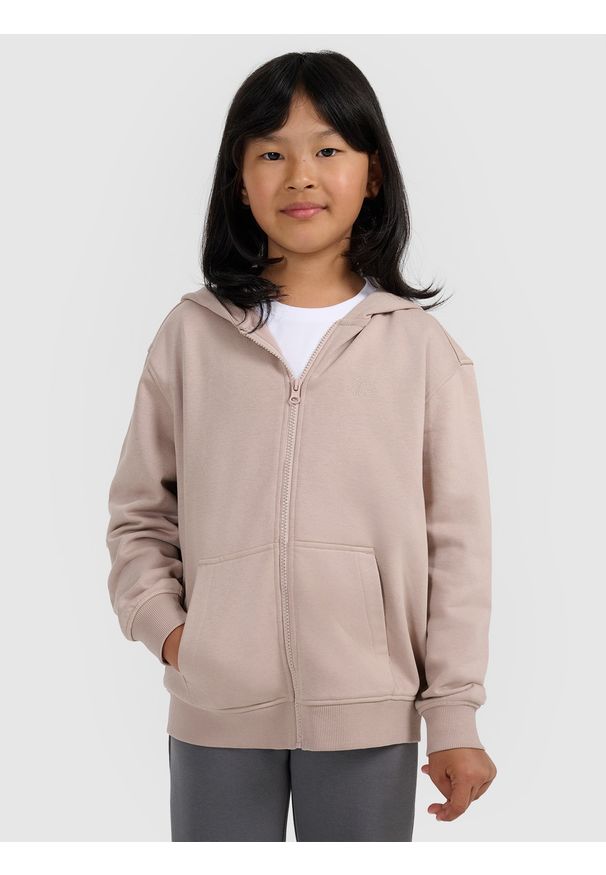 4f - 4F Bluza dresowa rozpinana z kapturem dziewczęca - beżowa 140 (9-10 lat). Okazja: na co dzień. Typ kołnierza: kaptur. Kolor: beżowy. Materiał: dresówka. Wzór: gładki, ze splotem. Sezon: lato. Styl: casual, sportowy