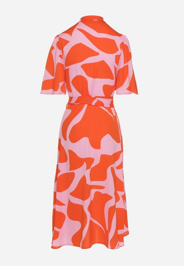 Born2be - Pomarańczowo-Różowa Kopertowa Sukienka z Wiązaniem w Pasie Raviara. Okazja: na co dzień, na spotkanie biznesowe. Kolor: pomarańczowy. Długość rękawa: krótki rękaw. Typ sukienki: kopertowe. Styl: biznesowy, casual, elegancki