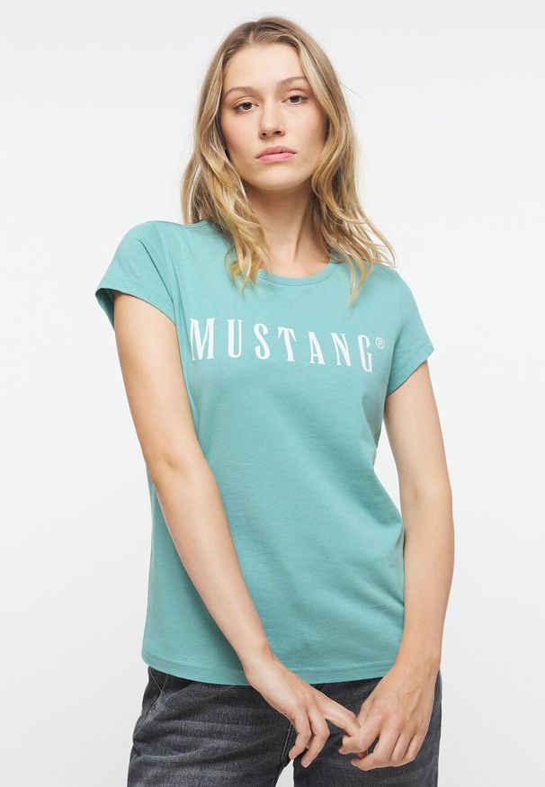 Mustang - MUSTANG Alina C Logo Tee Damski T-shirt Mineral Blue 1013222 6236
