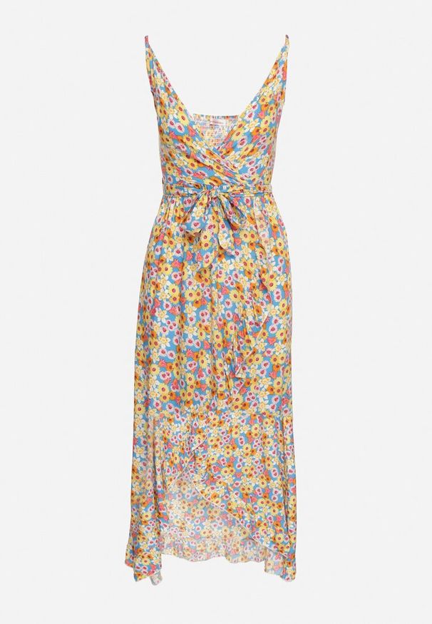 Born2be - Żółta Bawełniana Sukienka na Ramiączkach z Kopertowym Dekoltem i Asymetrycznym Rozcięciem Xiloa. Okazja: na co dzień. Typ kołnierza: dekolt kopertowy. Kolor: żółty. Materiał: bawełna. Długość rękawa: na ramiączkach. Wzór: aplikacja. Typ sukienki: asymetryczne, kopertowe. Styl: casual