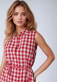 Born2be - Czerwono-Biała Sukienka Koszulowa z Wiskozy z Materiałowym Paskiem w Talii Rivasolin. Okazja: na co dzień, na spacer. Kolor: czerwony. Materiał: wiskoza, materiał. Sezon: lato. Typ sukienki: koszulowe. Styl: casual #5