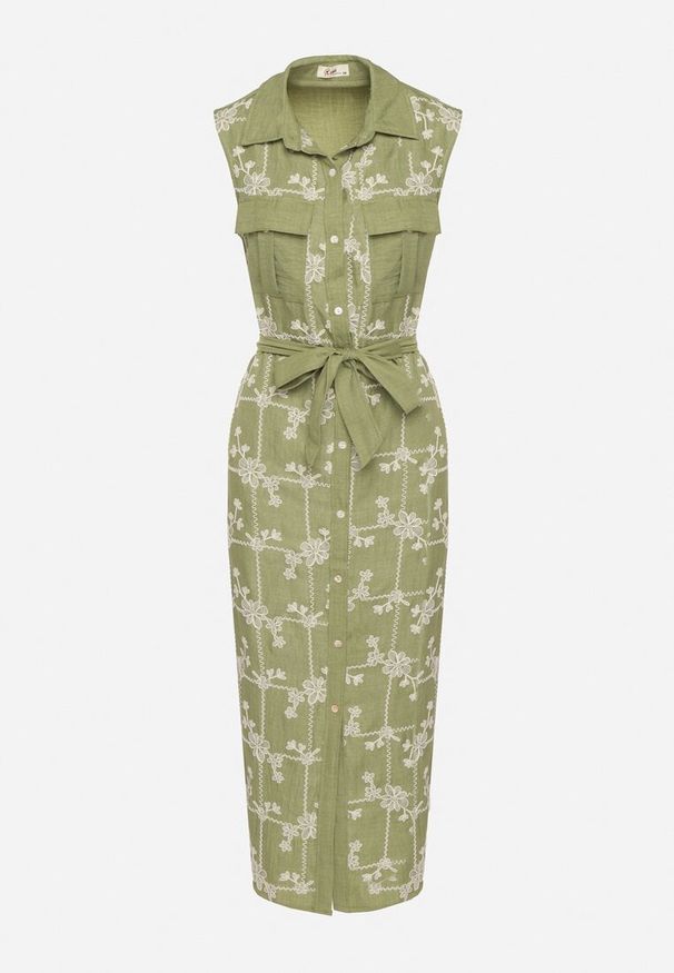 Born2be - Zielona Sukienka Bez Rękawów o Koszulowym Kroju z Paskiem Zdobiona Haftem Fodarela. Okazja: na co dzień. Kolor: zielony. Długość rękawa: bez rękawów. Wzór: aplikacja, haft. Sezon: lato. Typ sukienki: koszulowe. Styl: klasyczny, casual, elegancki