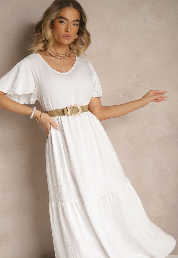 Renee - Biała Wiskozowa Sukienka Rozkloszowana Natonia. Okazja: na co dzień. Kolor: biały. Materiał: wiskoza. Styl: casual