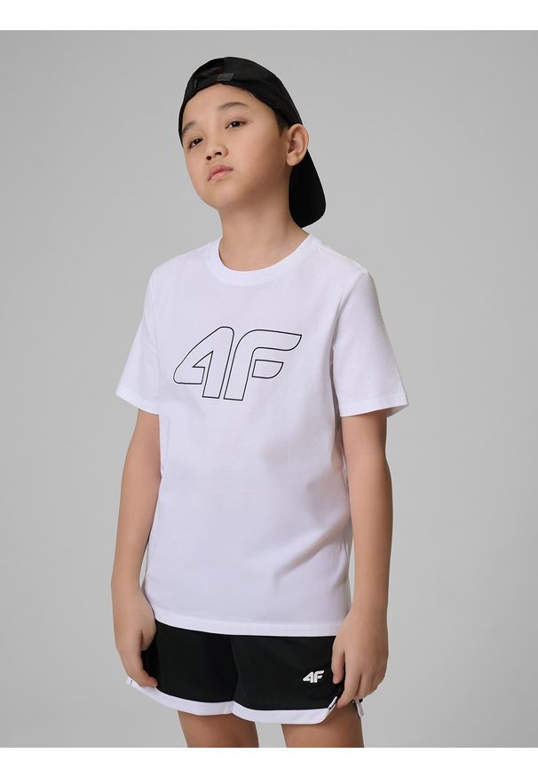 4f - 4F T-shirt regular z nadrukiem chłopięcy - biały 158 (12-13 lat). Okazja: na co dzień, na uczelnię. Kolor: biały. Materiał: bawełna, skóra, materiał. Wzór: nadruk. Sezon: lato. Styl: casual, klasyczny