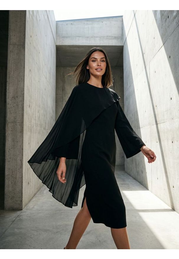 Sinsay - Elegancka sukienka midi z asymetrycznym szyfonowym detalem - czarny. Kolor: czarny. Materiał: szyfon. Typ sukienki: asymetryczne. Styl: elegancki. Długość: midi