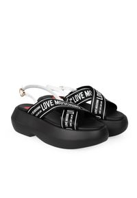 Love Moschino Sandały | JA16257I0IIX6 | Kobieta | Czarny, Biały. Okazja: na co dzień, na spacer. Zapięcie: pasek. Kolor: czarny, biały, wielokolorowy. Materiał: skóra. Wzór: nadruk. Styl: casual, elegancki