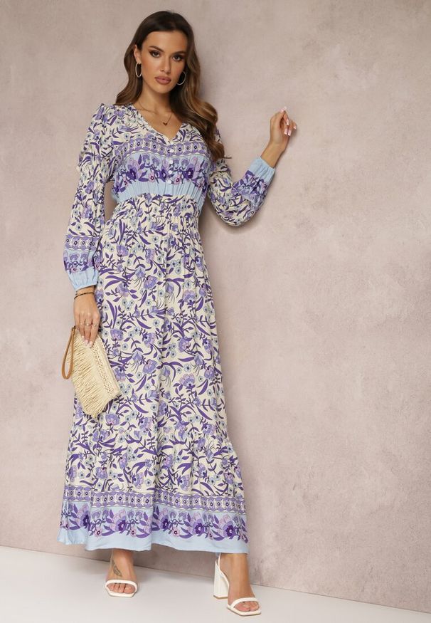 Renee - Fioletowo-Beżowa Sukienka Maxi w Kwiaty z Wiskozy Vellu. Kolor: fioletowy. Materiał: wiskoza. Wzór: kwiaty. Styl: boho. Długość: maxi