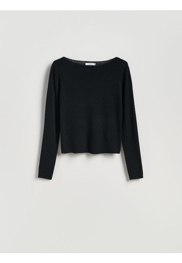 Reserved - Sweter z błyszczącą aplikacją - czarny. Kolor: czarny. Materiał: wełna, dzianina. Wzór: aplikacja