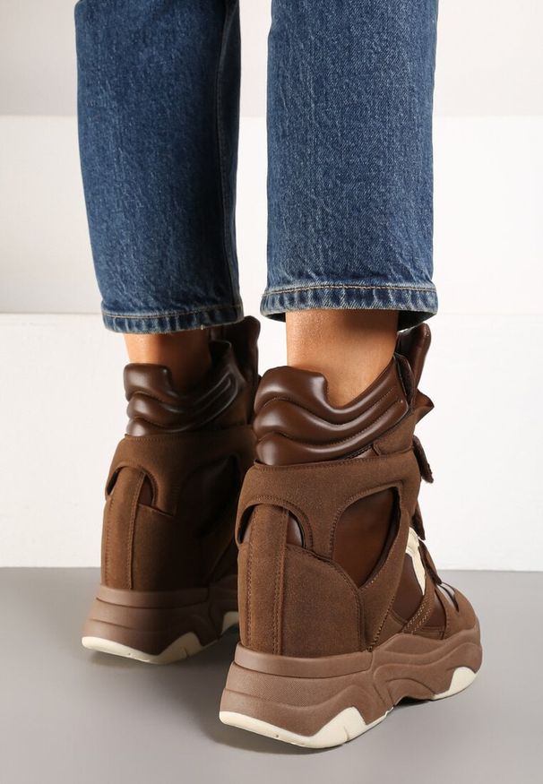 Renee - Brązowe Sneakersy na Rzep i Koturnie Liame. Zapięcie: rzepy. Kolor: brązowy. Obcas: na koturnie