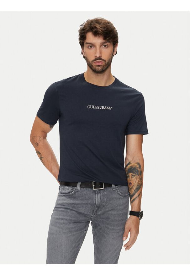 Guess Jeans T-Shirt M4YI52 K8HM0 Granatowy Slim Fit. Kolor: niebieski. Materiał: bawełna