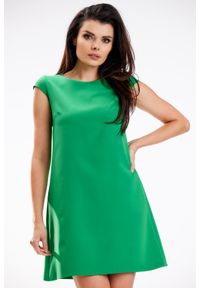 Awama - Trapezowa Mini Sukienka z Krótkim Rękawem - Zielona. Kolor: zielony. Materiał: elastan, poliester. Długość rękawa: krótki rękaw. Typ sukienki: trapezowe. Długość: mini