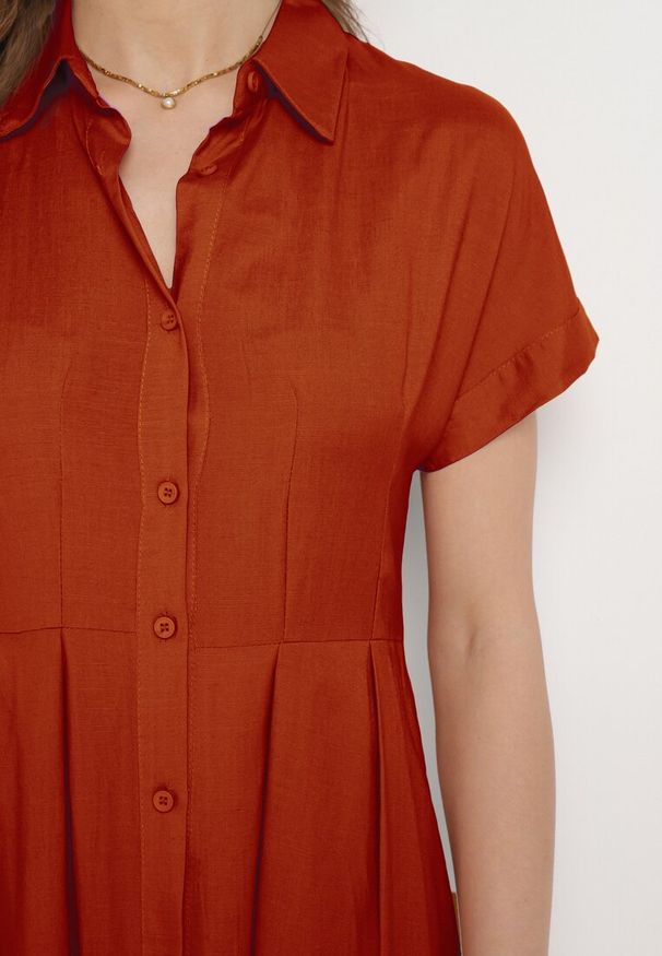 Born2be - Pomarańczowa Koszulowa Sukienka z Lnem i Wiskozą Ircilla. Okazja: na spacer. Kolor: pomarańczowy. Materiał: len, wiskoza. Długość rękawa: krótki rękaw. Sezon: lato. Typ sukienki: koszulowe