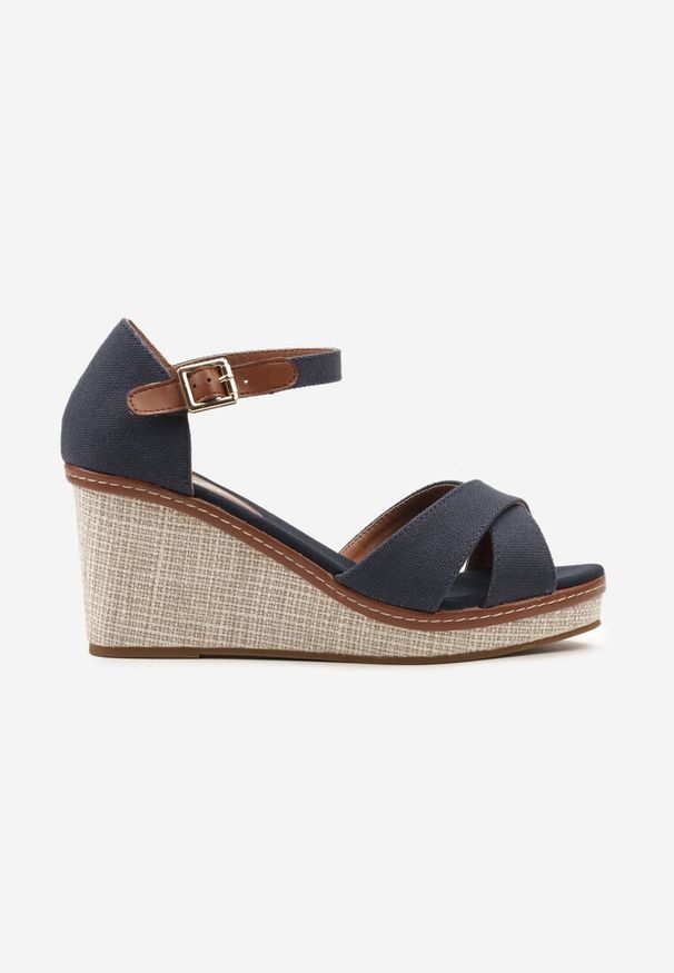 Renee - Granatowe Sandały Espadryle na Wysokim Koturnie z Plecionką Nitzy. Okazja: na co dzień. Nosek buta: otwarty. Zapięcie: pasek. Kolor: niebieski. Materiał: len. Obcas: na koturnie. Styl: elegancki, casual