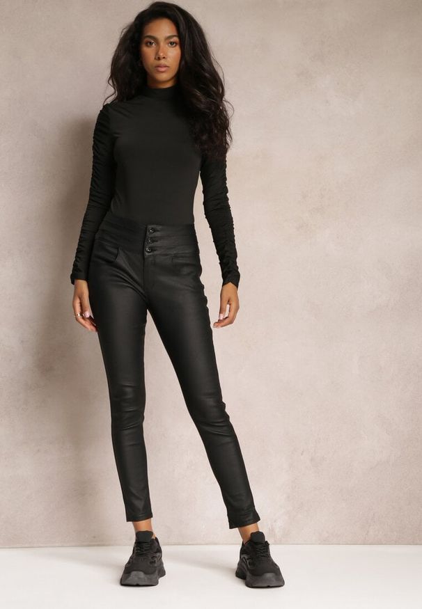 Renee - Czarne Spodnie High Waist Skinny z Ekoskóry Opmin. Stan: podwyższony. Kolor: czarny