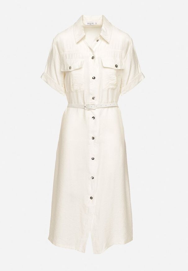 Born2be - Biała Wiskozowa Sukienka o Koszulowym Kroju z Paskiem Nelavyn. Okazja: na co dzień, do pracy. Kolor: biały. Materiał: wiskoza. Długość rękawa: krótki rękaw. Typ sukienki: koszulowe. Styl: casual, elegancki