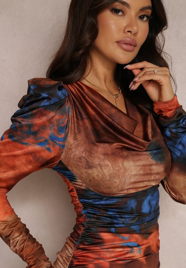 Renee - Pomarańczowa Sukienka Tie-Dye z Bufiastym Rękawem Arona. Okazja: na co dzień. Kolor: pomarańczowy. Typ sukienki: dopasowane. Styl: elegancki, casual
