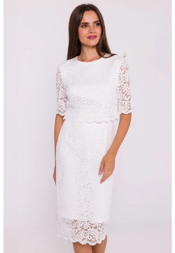Stylove - Elegancka ołówkowa dwuczęściowa sukienka koronkowa ecru. Materiał: koronka. Typ sukienki: ołówkowe. Styl: elegancki