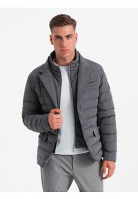 Ombre Clothing - Pikowana kurtka męska o kroju marynarki – grafitowa V2 - Rozmiar: M. Kolor: szary. Materiał: guma, syntetyk, poliester, materiał. Wzór: aplikacja. Styl: klasyczny, elegancki #10