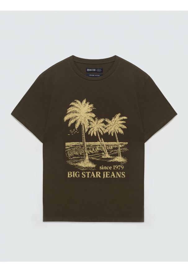 Big-Star - Koszulka męska z kontrastowym nadrukiem khaki Omer 303. Kolor: zielony. Materiał: materiał, bawełna, skóra, dzianina. Wzór: nadruk. Styl: militarny, elegancki, klasyczny, vintage