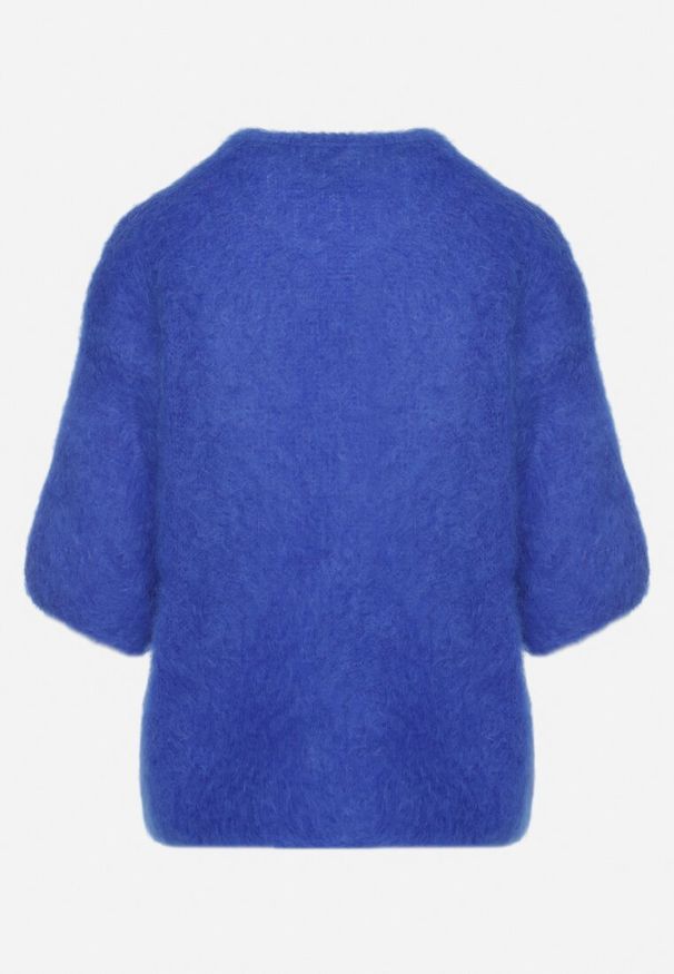 Born2be - Niebieski Moherowy Sweter o Kroju Nietoperza z Rękawami 3/4 Eleanira. Okazja: na co dzień. Kolor: niebieski. Materiał: moher. Wzór: aplikacja, ze splotem. Sezon: jesień, zima. Styl: klasyczny, elegancki, casual
