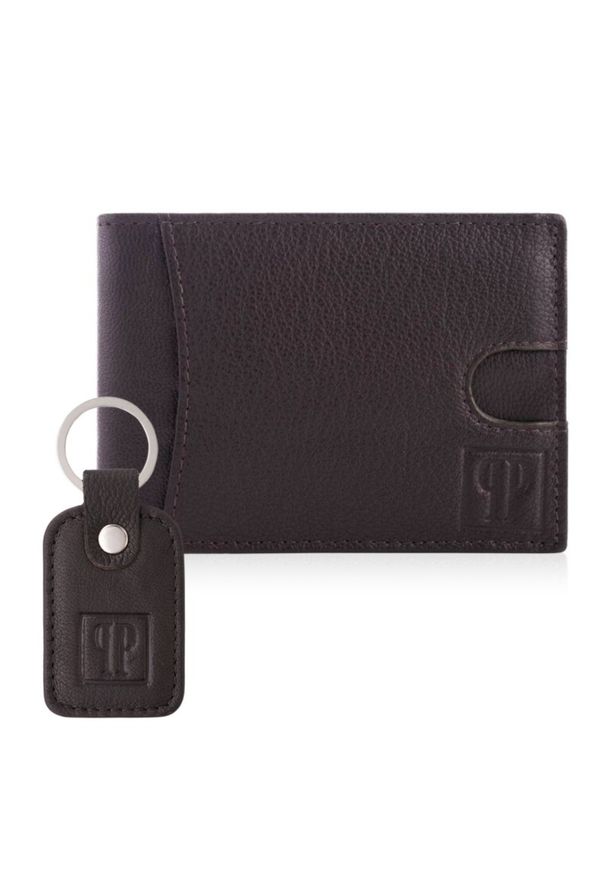 PAOLO PERUZZI - Portfel męski skórzany brązowy T-46-BR i brelok do kluczy T-86-BR zestaw prezentowy ZUP-135-BR. Kolor: brązowy. Materiał: skóra