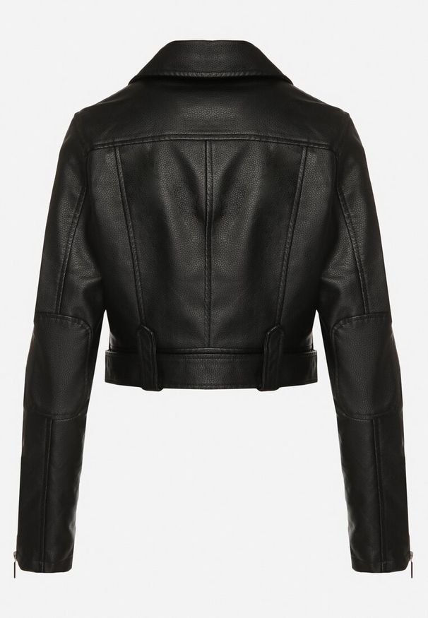 Born2be - Czarna Krótka Kurtka Ramoneska z Paskiem Ozdobionym Klamrą Mavine. Okazja: na co dzień. Kolor: czarny. Materiał: jeans. Długość rękawa: długi rękaw. Długość: krótkie. Wzór: aplikacja. Styl: casual, elegancki, rockowy